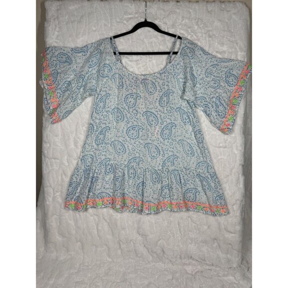 MISS JUNE PARIS Peasant Blouse Top White Blue Paisley, Pink Embroidered Tassels - Picture 2 of 10